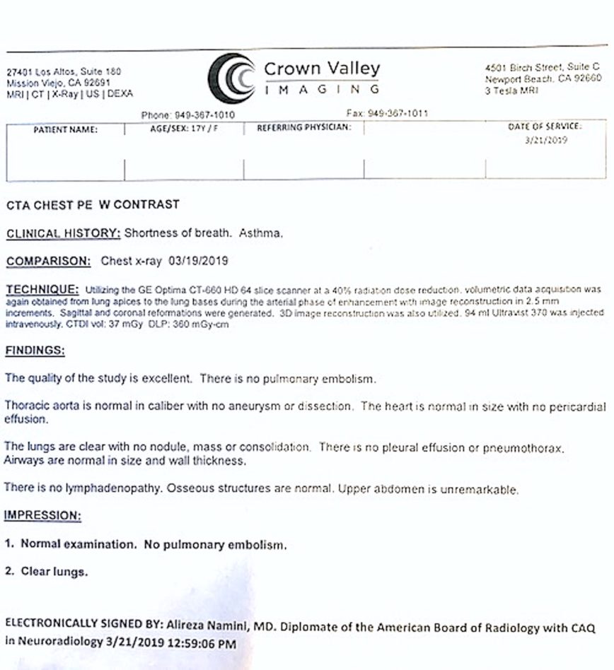 CT Crown Valley Imaging Center Mission Viejo mistake could have killed my daughter. The Crown Valley Radiologist reported that my daughter’s heart was unremarkable. Does the large vein that is not suppose to be there look unremarkable! Now Crown Valley Imaging wants to send me to collections for not paying our insurance portion. Crown Valley Imaging mistakes held up treatment to our daughter and have costs our family thousands of dollars. 